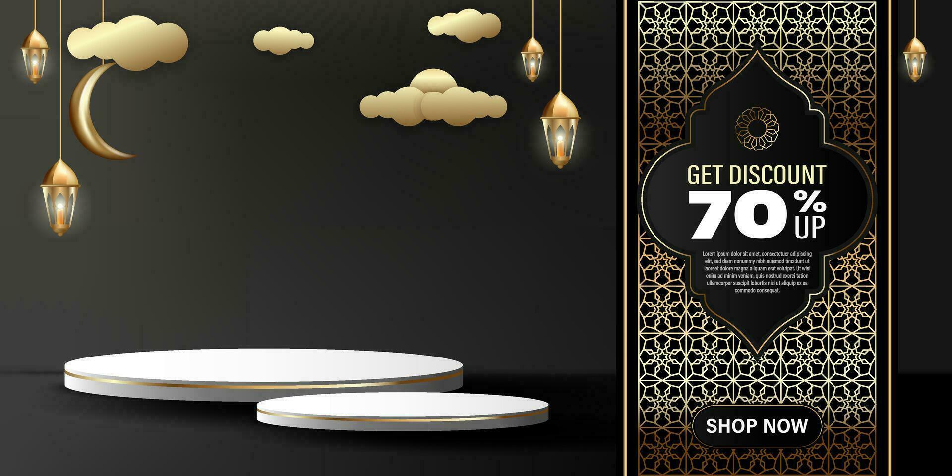 Product podium set banner for discount promotion. Islamic theme with luxurious gold colors vector