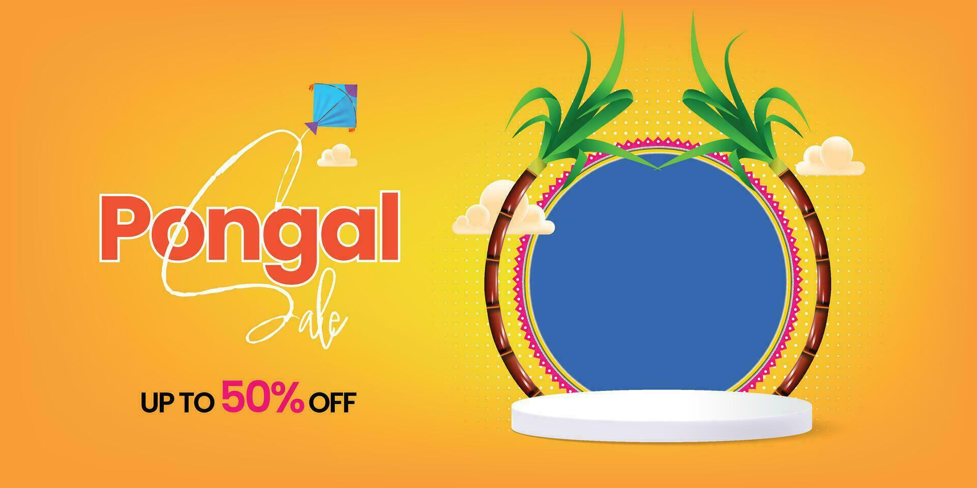 Happy pongal sale banner template with podium and festive elements vector