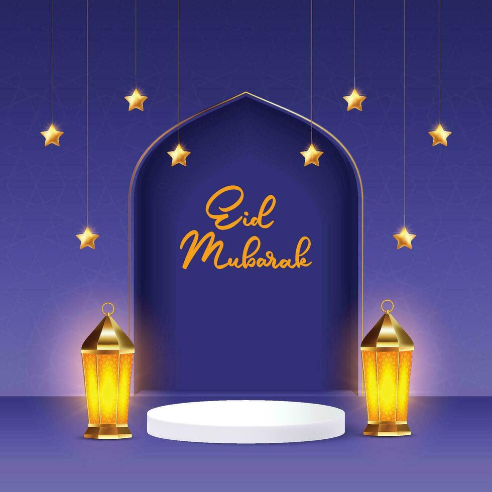 Ramadan sale background with lanterns and podium with eid mubarak text vector