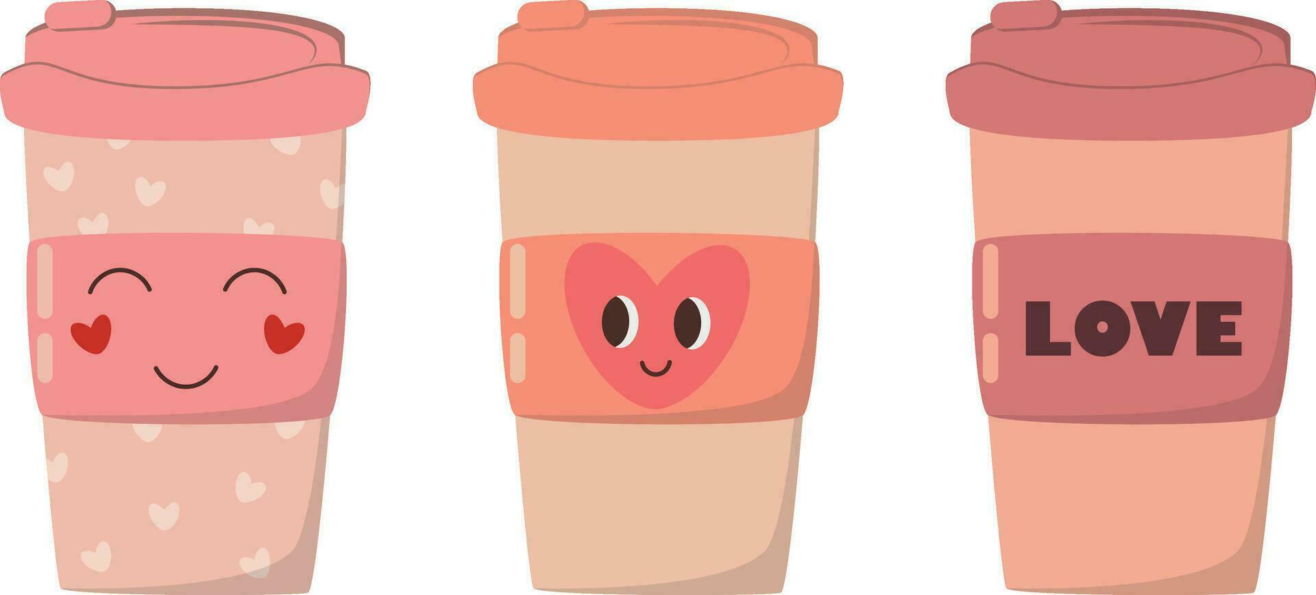 Set of paper coffee cups with cute face and hearts for card, textile, decor, poster. Vector illustration of a glass of coffee. Valentine's Day card.