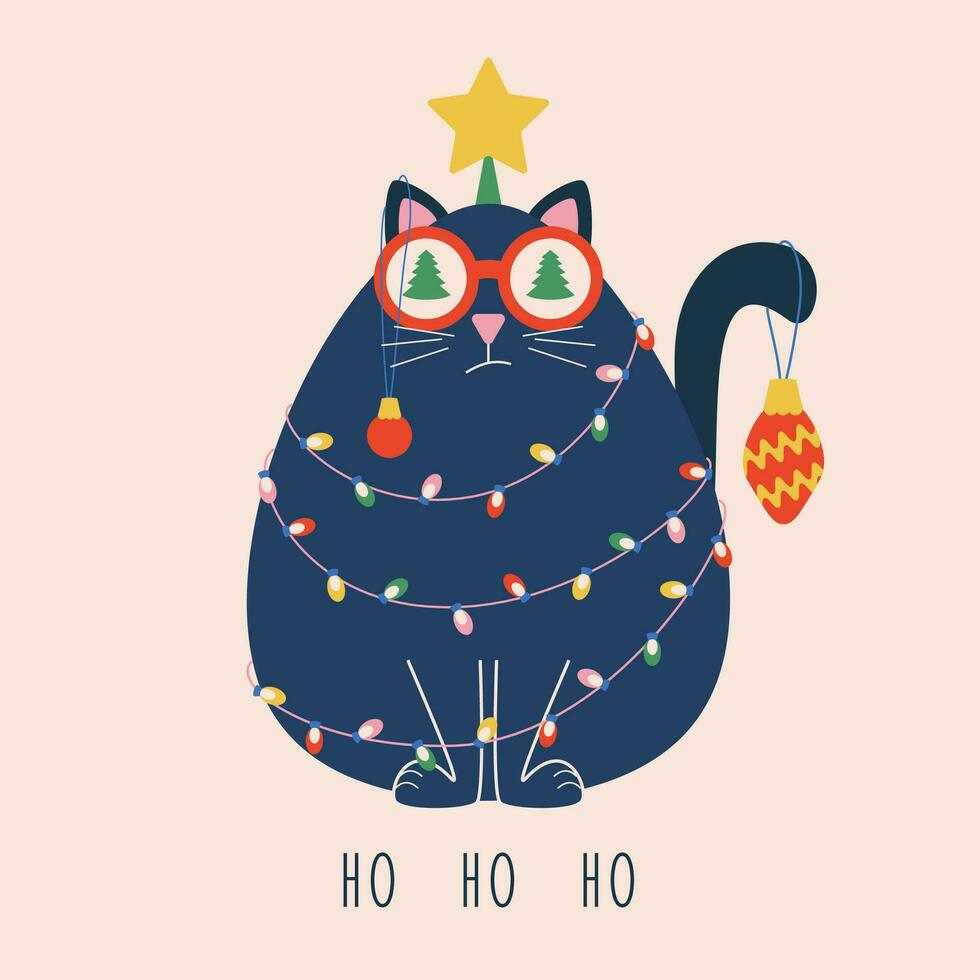 Christmas card with a funny cat wrapped in a garland and toys with a star on its head and text ho ho ho. vector