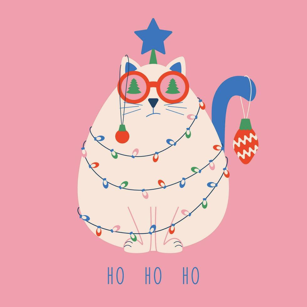 Christmas card with a funny cat wrapped in a garland and toys with a star on its head and text ho ho ho. vector