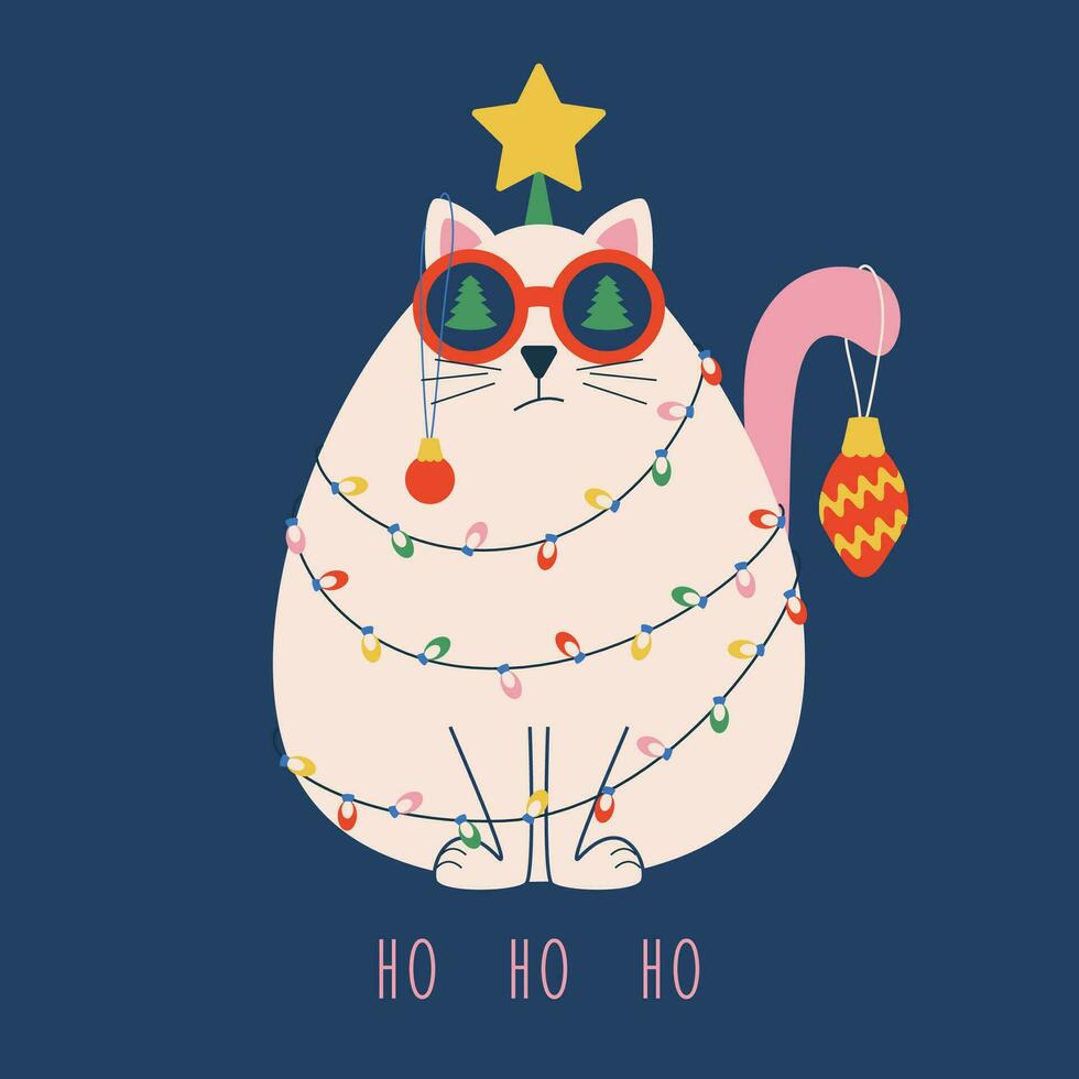 Christmas card with a funny cat wrapped in a garland and toys with a star on its head and text ho ho ho. vector