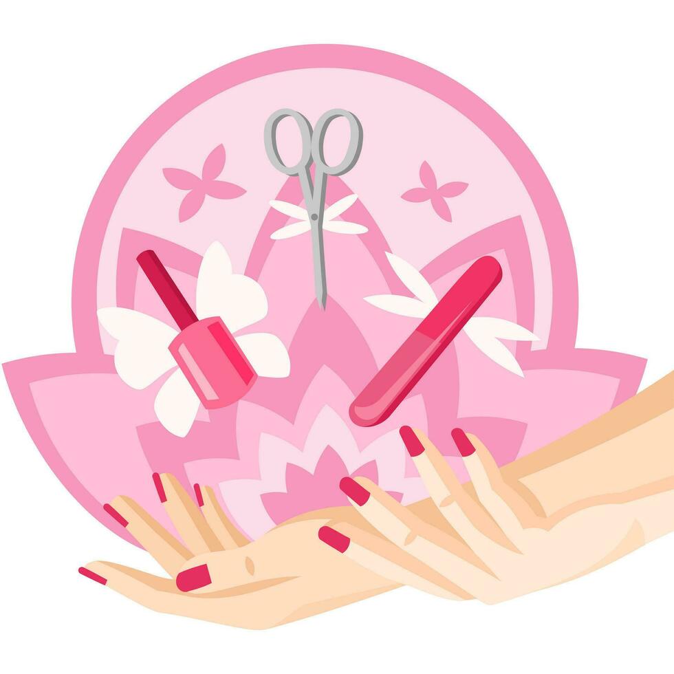 Manicure logo for nail art salon vector image. Two hands holding each other, nail polish bottle, manicure scissors nail file flying with wings above hands with the background of pink flower figure