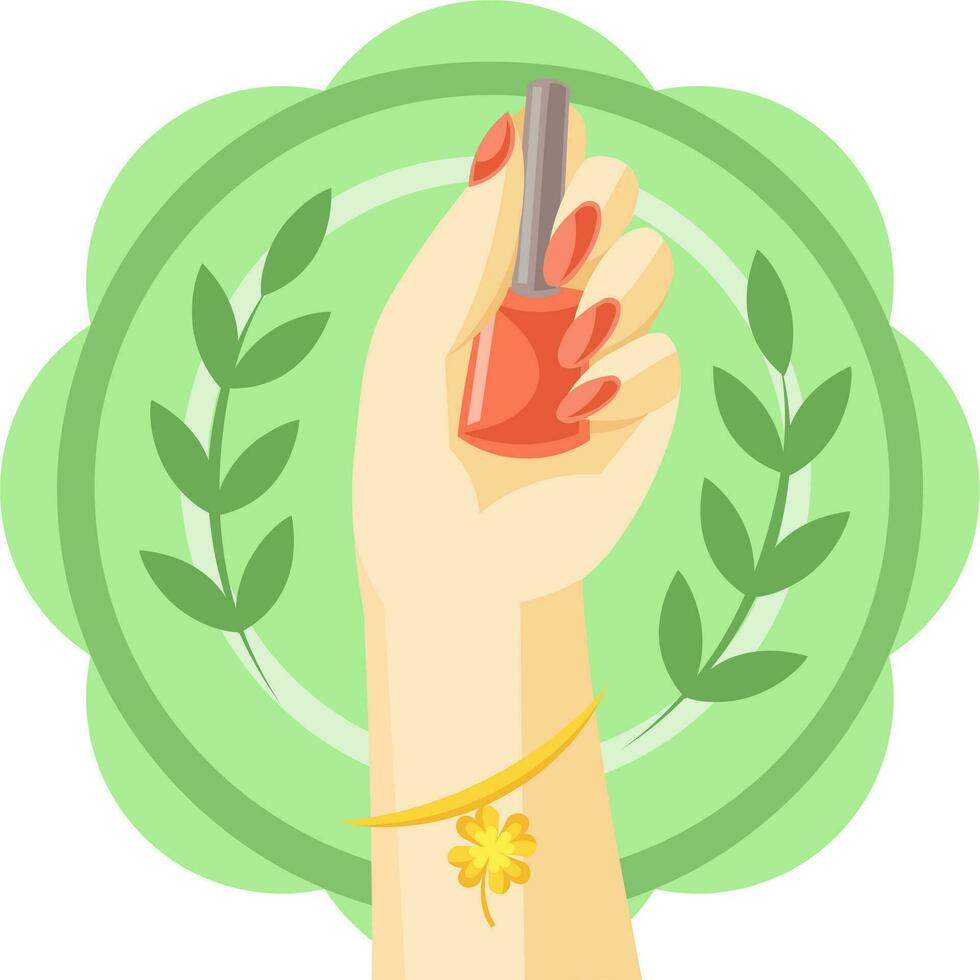Manicure logo for nail art salon vector image. One hand holding orange nail polish bottle with plant leaves and white circle on background of green flower figure