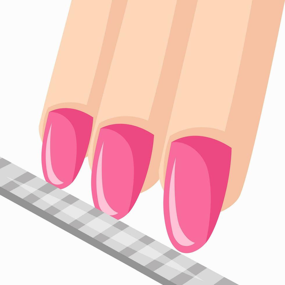 Manicure art image for nail art salon vector image. Nail file is sharpening three female fingers with pink polish painted nails