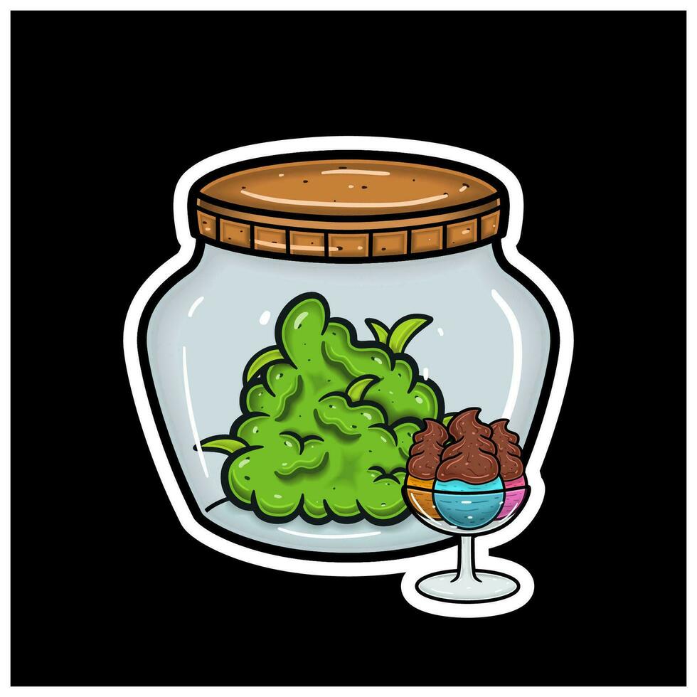 Ice Cream Flavor With Cartoon Mascot of Weed Bud On Jar. For Sticker and label. vector
