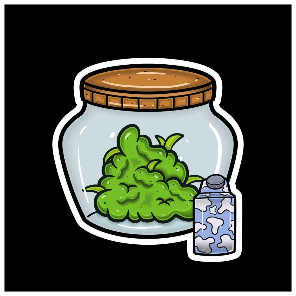 Milk Flavor With Cartoon Mascot of Weed Bud On Jar. For Sticker and label. vector