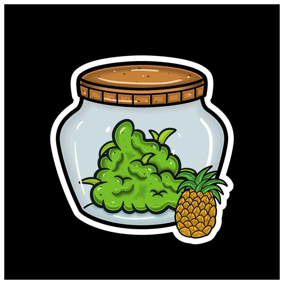 Pineapple Fruit Flavor With Cartoon Mascot of Weed Bud On Jar. For Sticker and label. vector