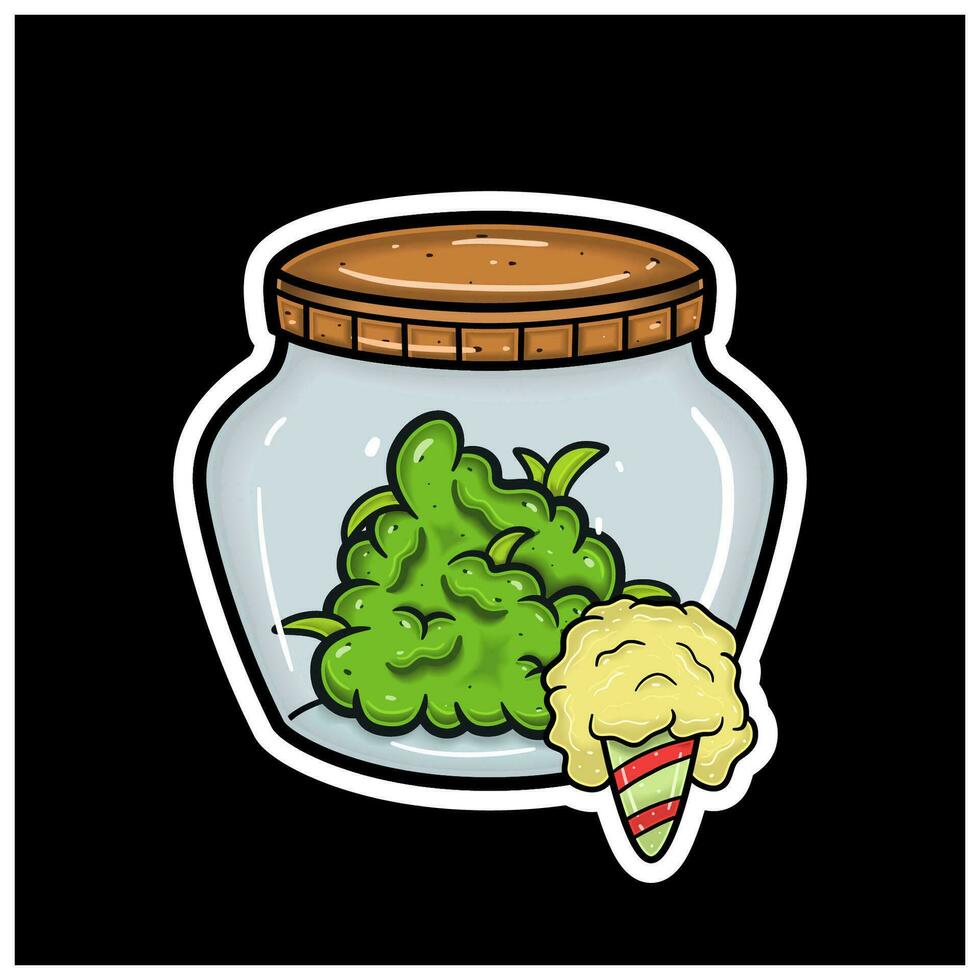 Cotton Candy Flavor With Cartoon Mascot of Weed Bud On Jar. For Sticker and label. vector