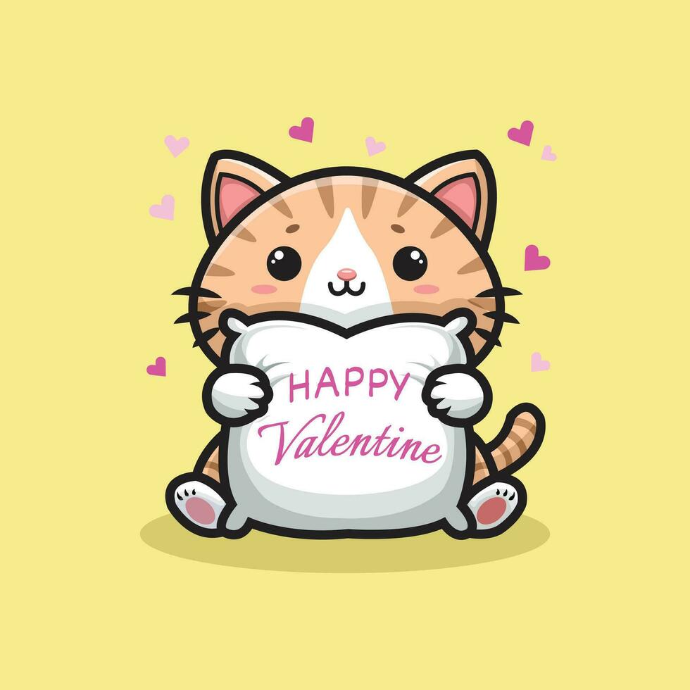 Vector illustration banner design image of cute cat with white pillow for valentine's day. Cartoon style.