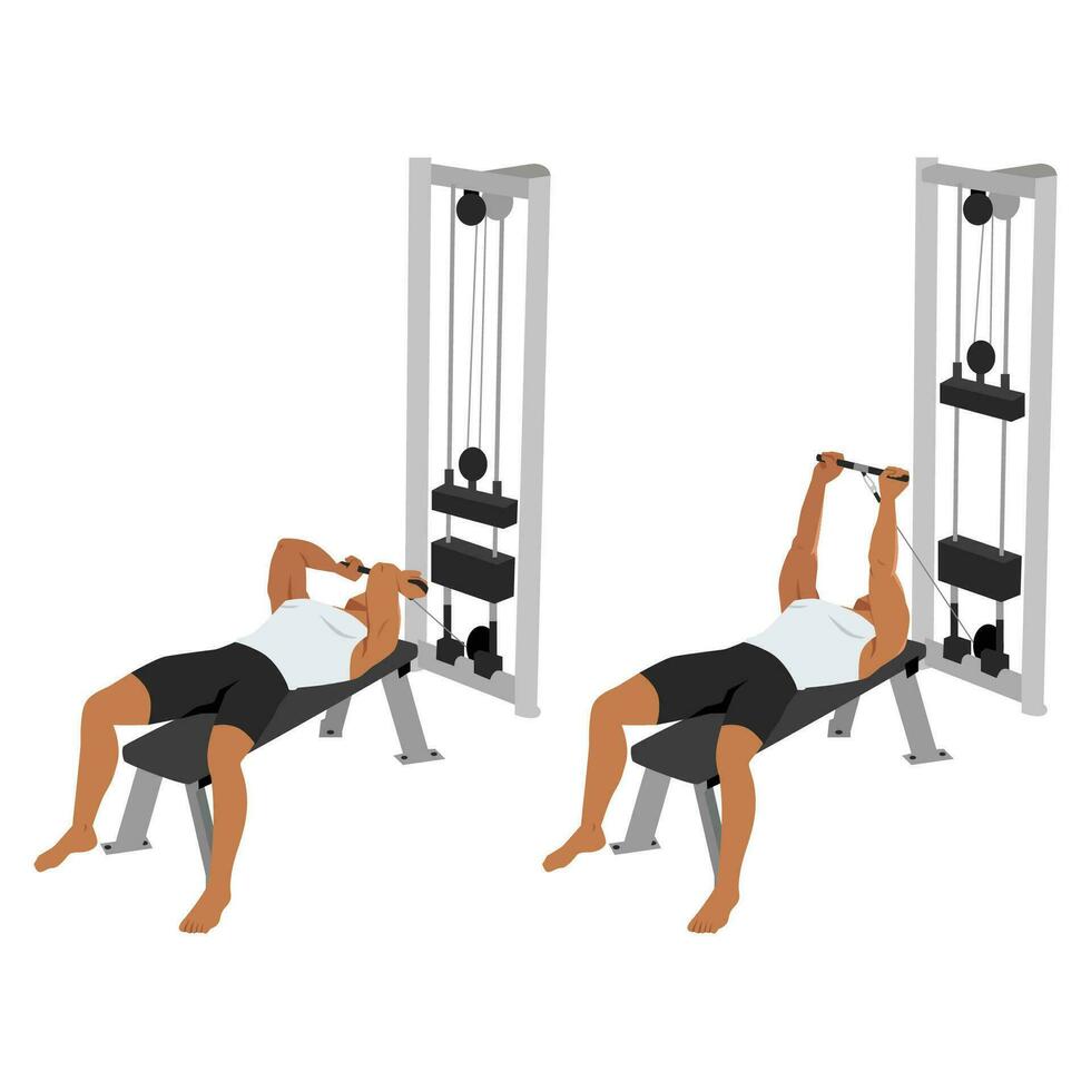 hombre haciendo cable acostado tricep extensión ejercicio. vector