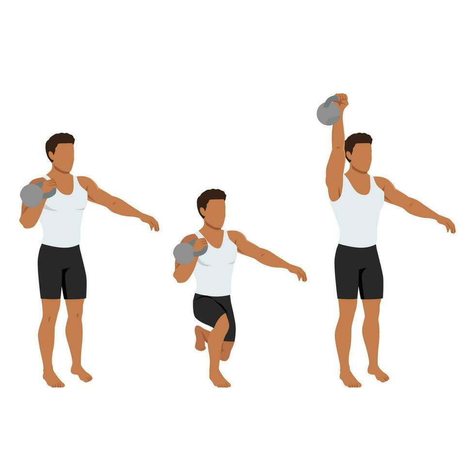 Man doing kettlebell offset reverse lunge and press exercise. vector