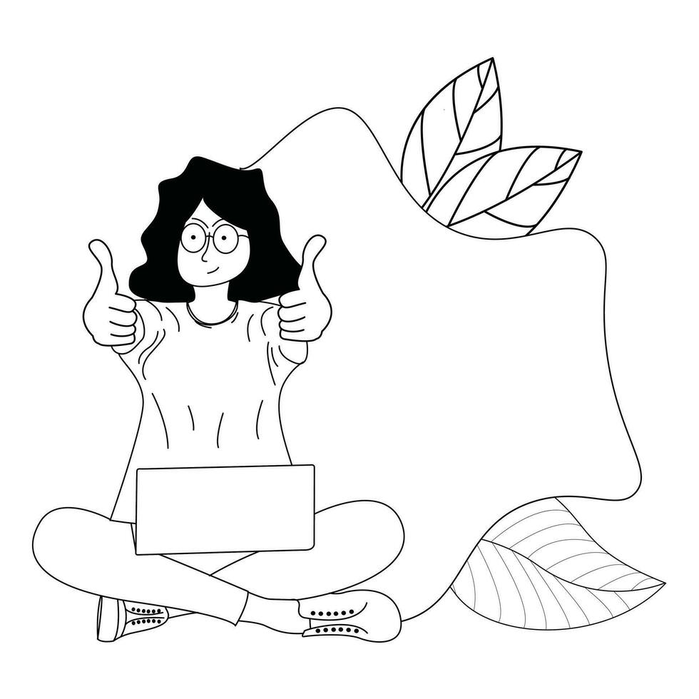 black and white illustration of a woman in front of a laptop raising two thumbs up vector