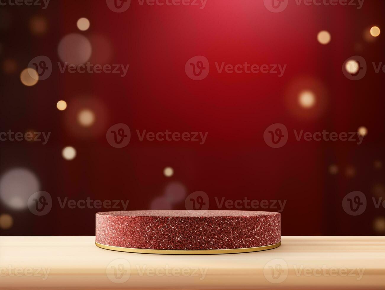 AI generated Shiny glittering red podium layout for a commercial presentation or sale of goods on a neutral festive background of New Year or Christmas photo