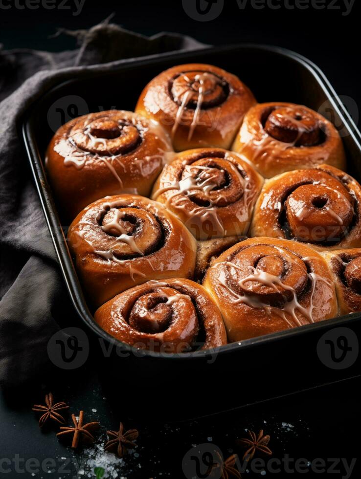 AI generated Roll buns with cinnamon and cream on baking dish photo