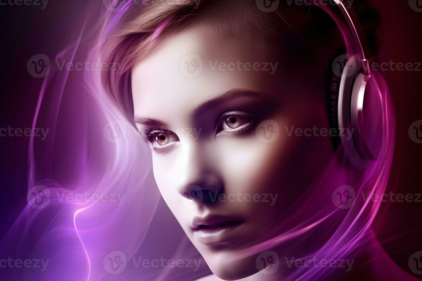 AI generated Girl listening to music with wireless headphones neon light. Neural network AI generated photo