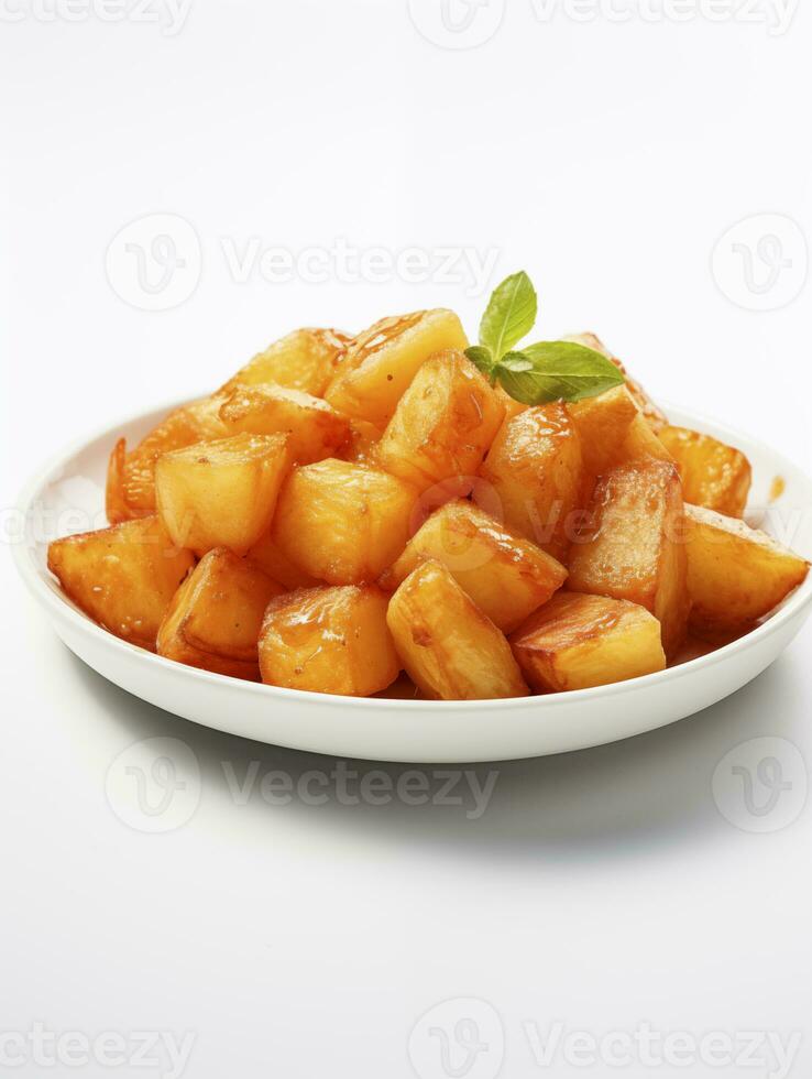 ai generado frito patatas bravas en blanco plato foto