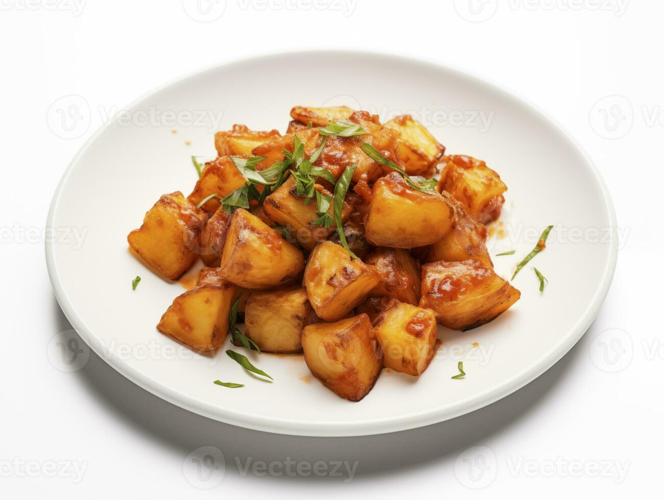 AI generated fried potatas bravas on white plate photo