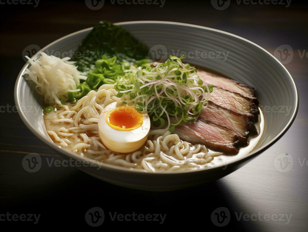 ai generado tonkotsu ramen en un plato foto