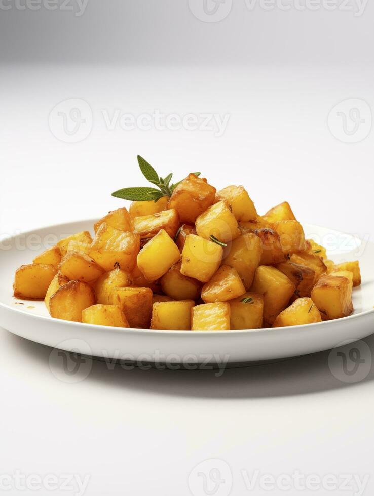 ai generado frito patatas bravas en blanco plato foto