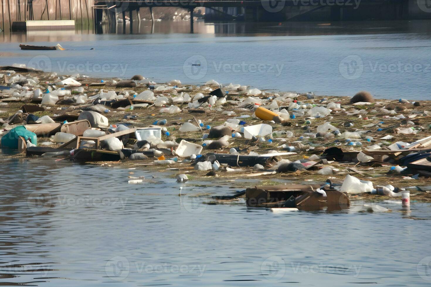 AI generated The river is polluted with plastic and garbage. Neural network AI generated photo