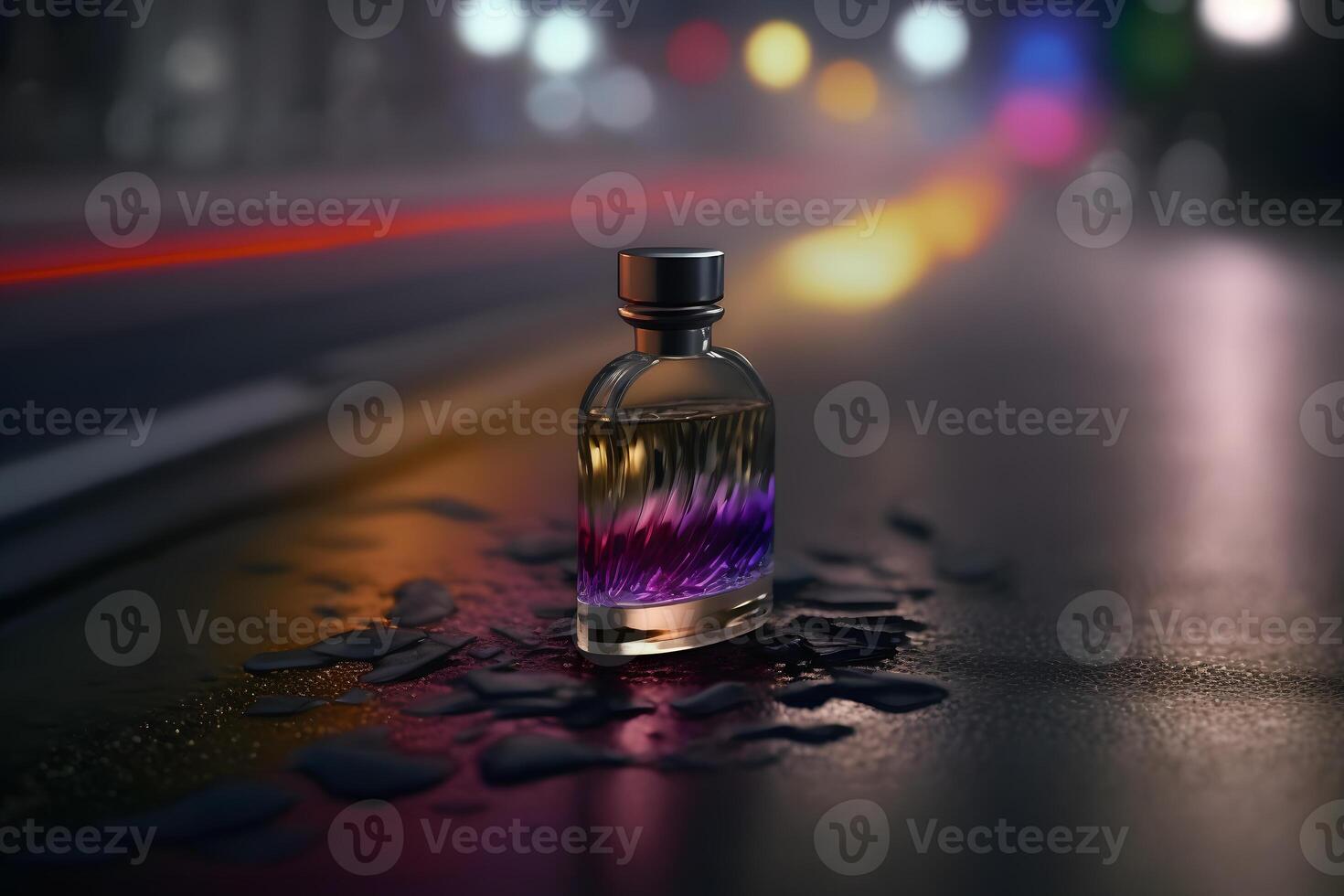 AI generated Perfume bottle against the backdrop of night city lights. Neural network generated art photo