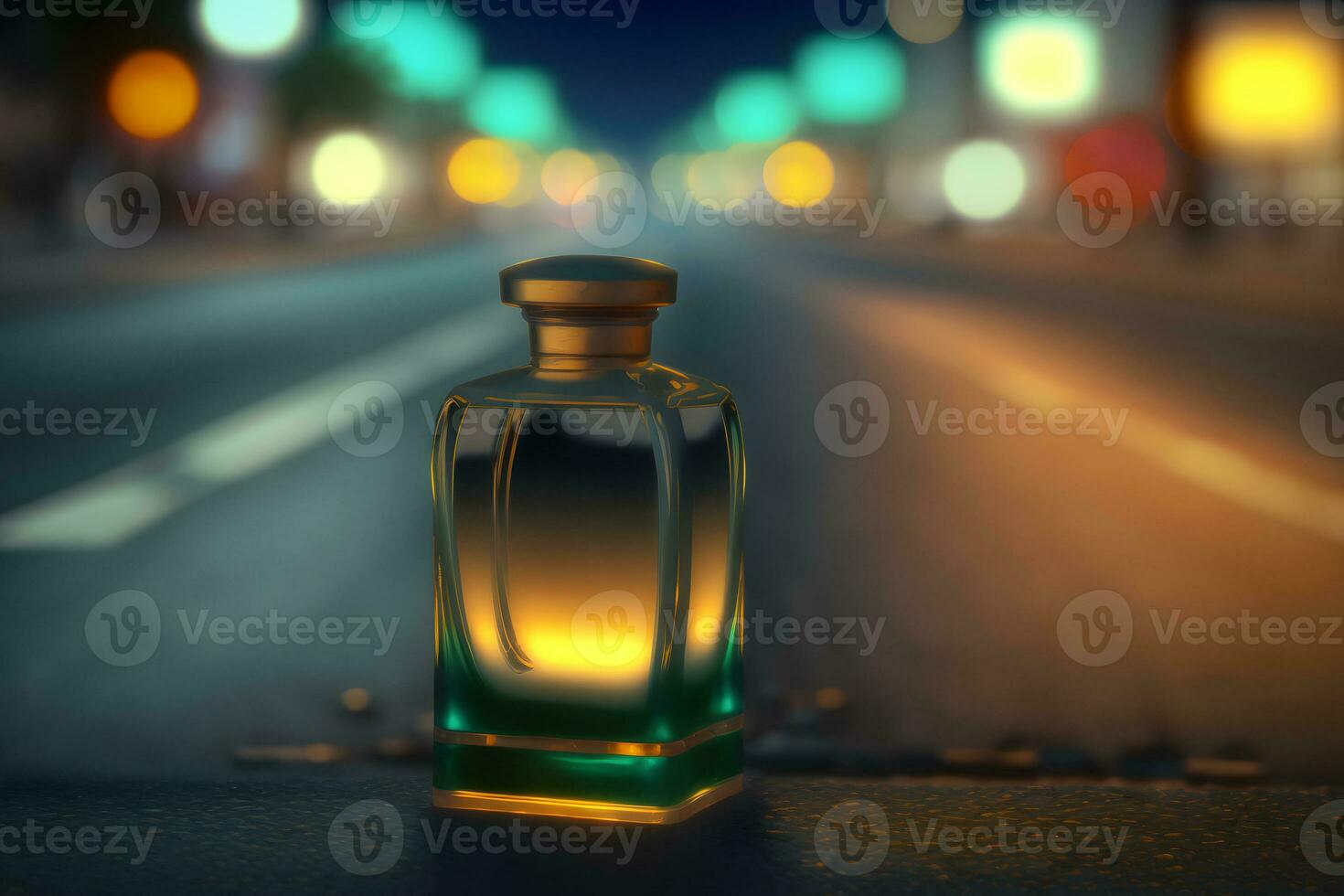 ai generado perfume botella en contra el fondo de noche ciudad luces. neural red generado Arte foto