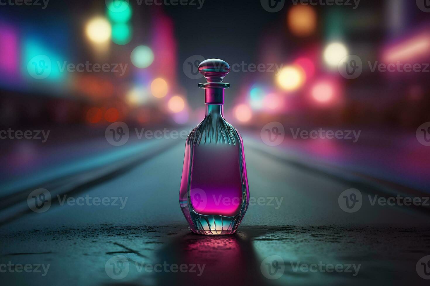 AI generated Perfume bottle against the backdrop of night city lights. Neural network generated art photo