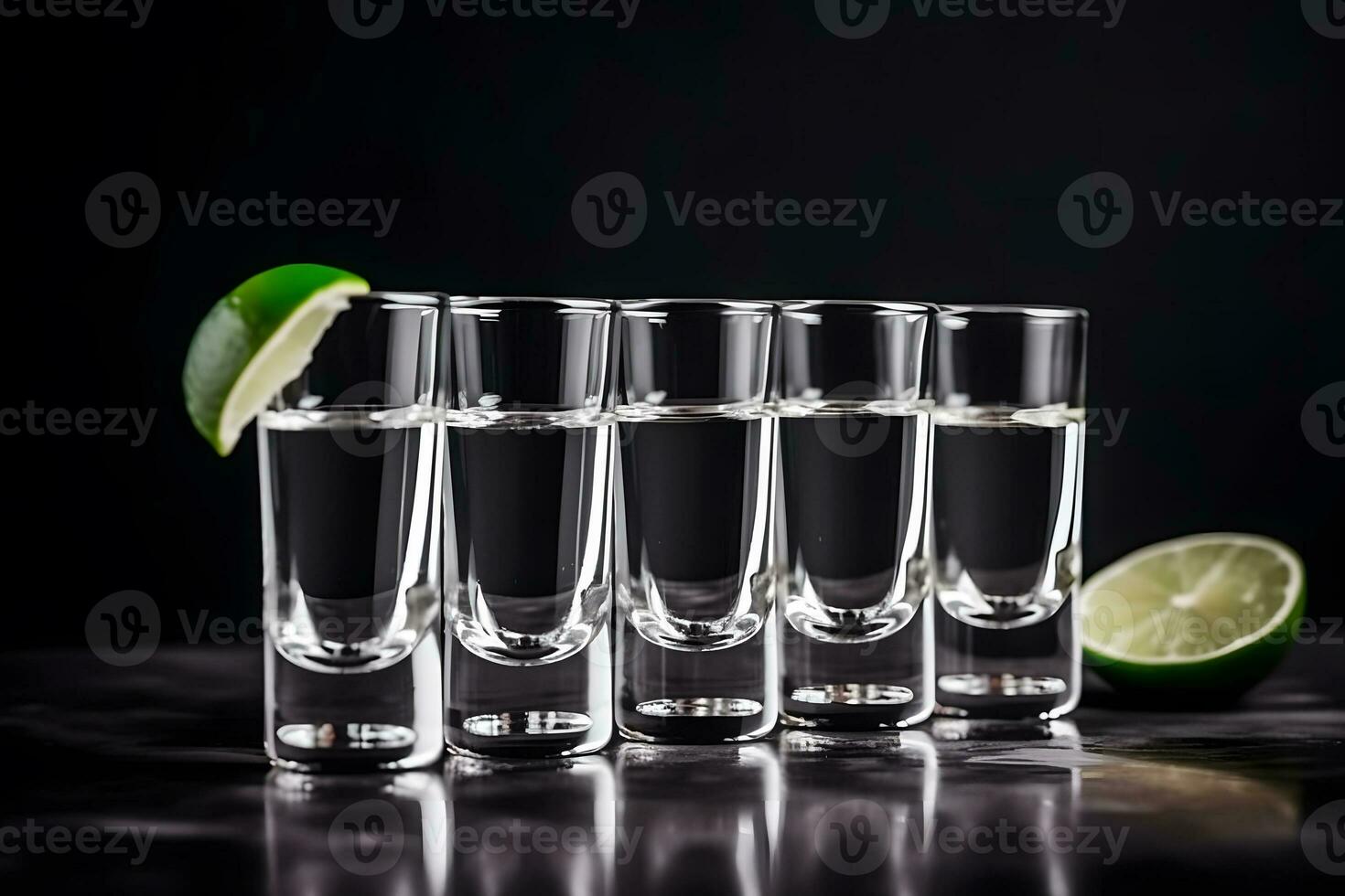 AI generated Shot glasses with tequila on bar counter. Neural network AI generated photo