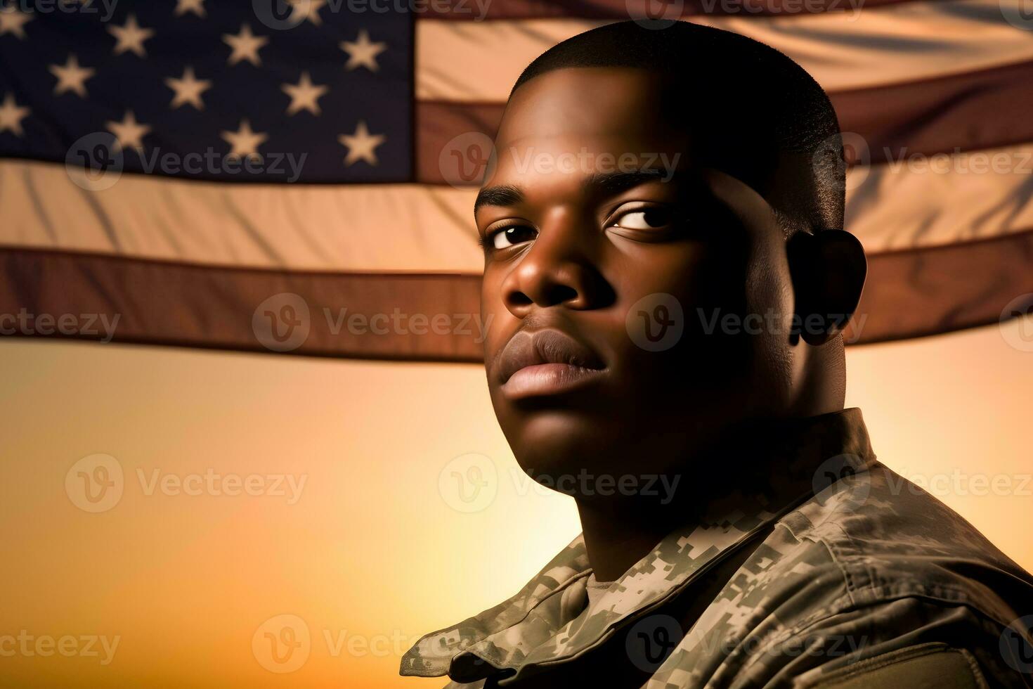 AI generated American patriot soldier concept over american flag background. Neural network AI generated photo