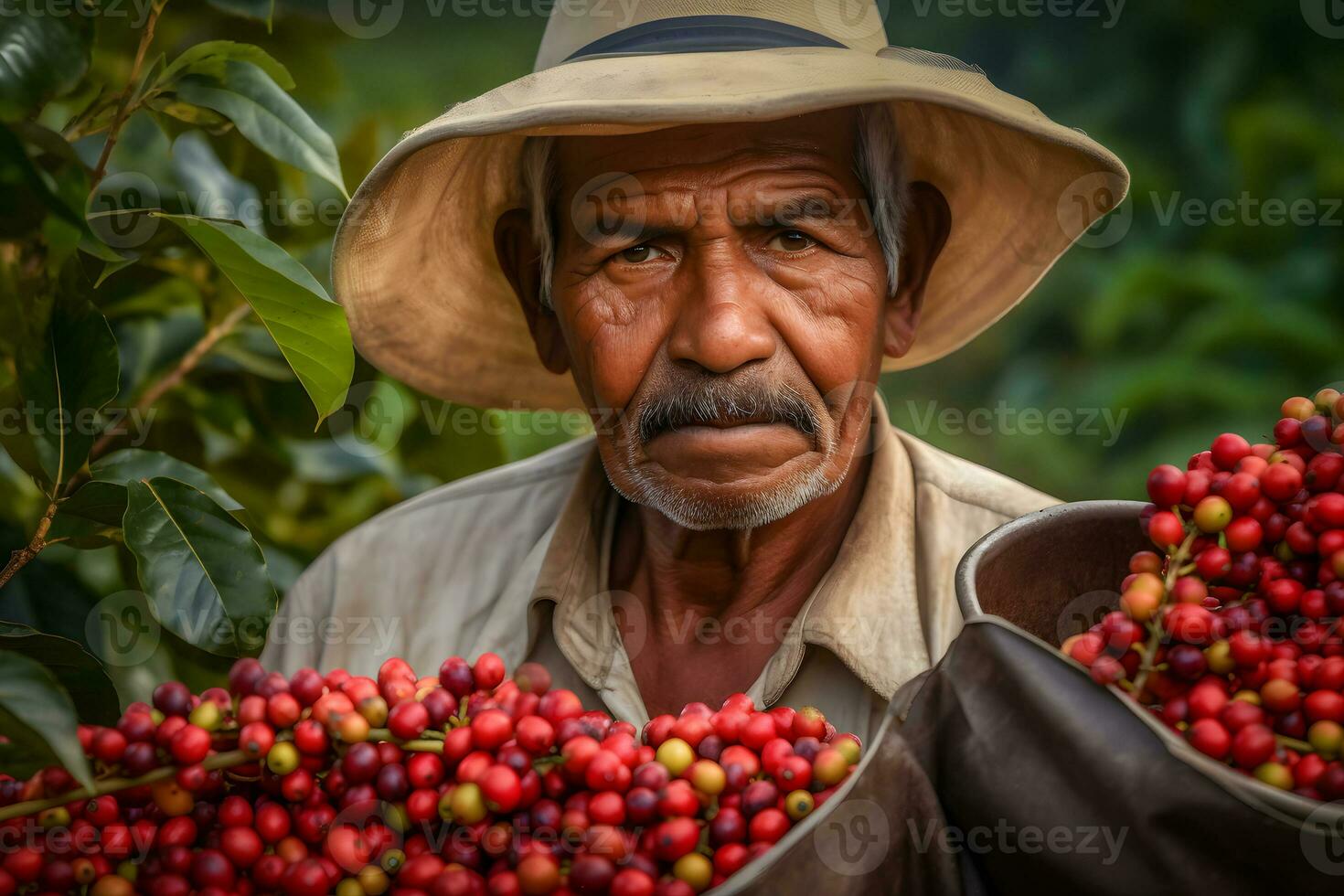 ai generado granjero participación cesta de bayas. neural red ai generado foto