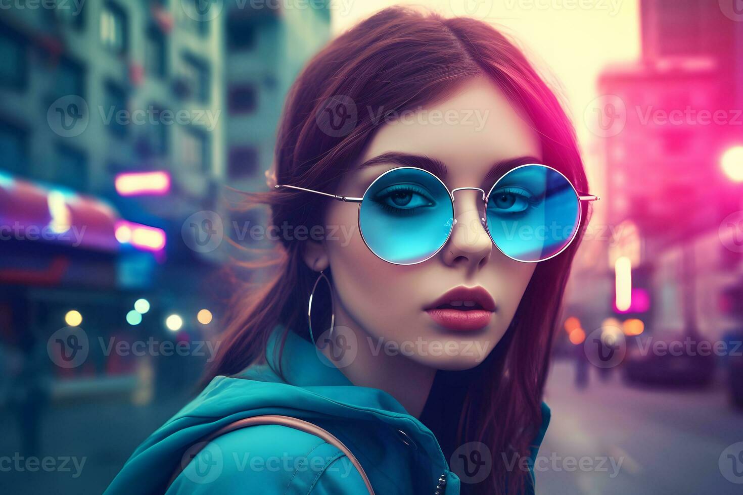 AI generated neon portrait of a girl with glasses. Neural network AI generated photo
