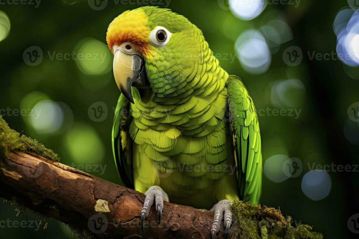 AI generated A green parrot on a branch. AI Generated photo