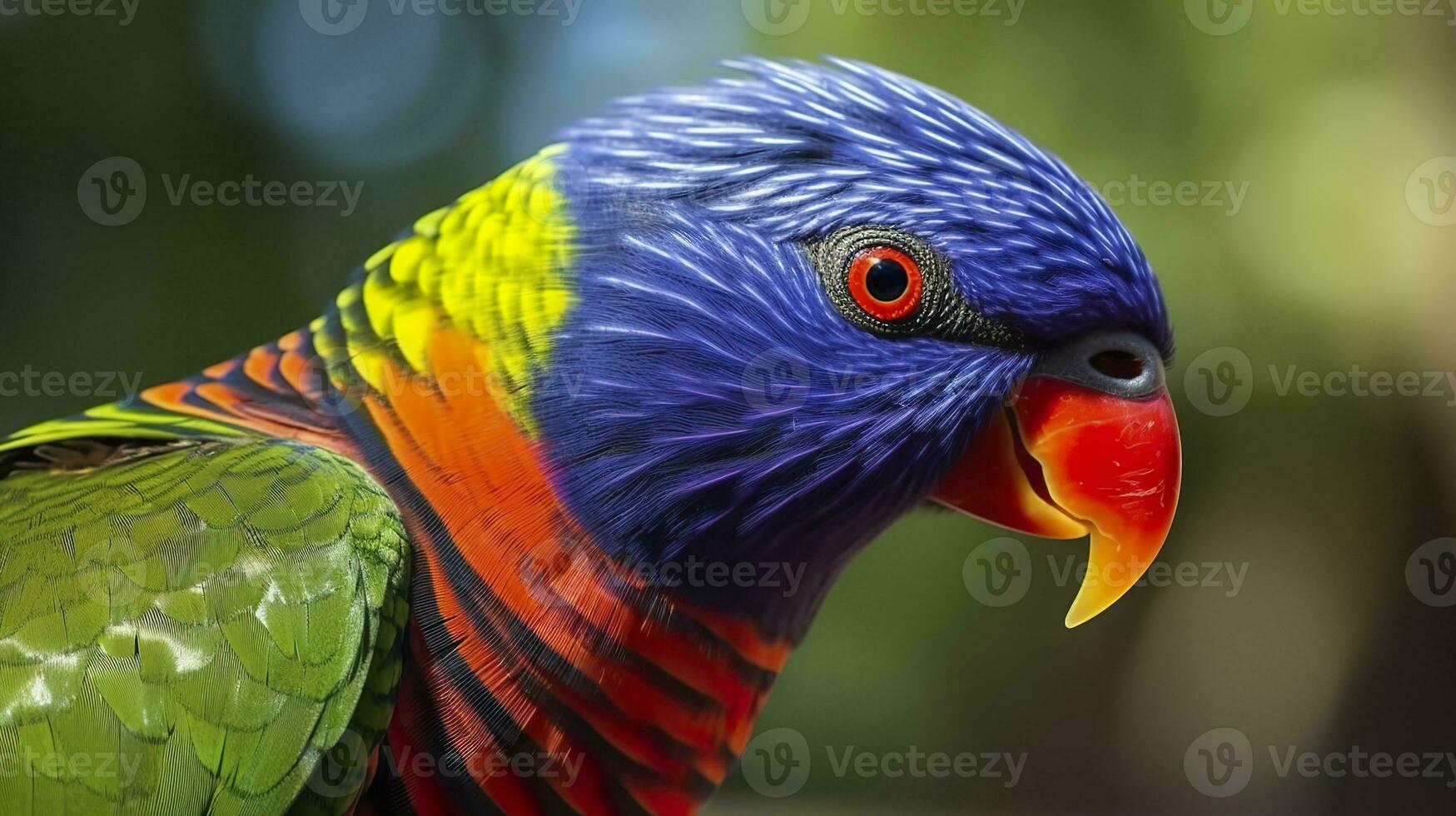 AI generated Side view Closeup of beautiful and colorful Lorikeet Green naped bird. Generative AI photo