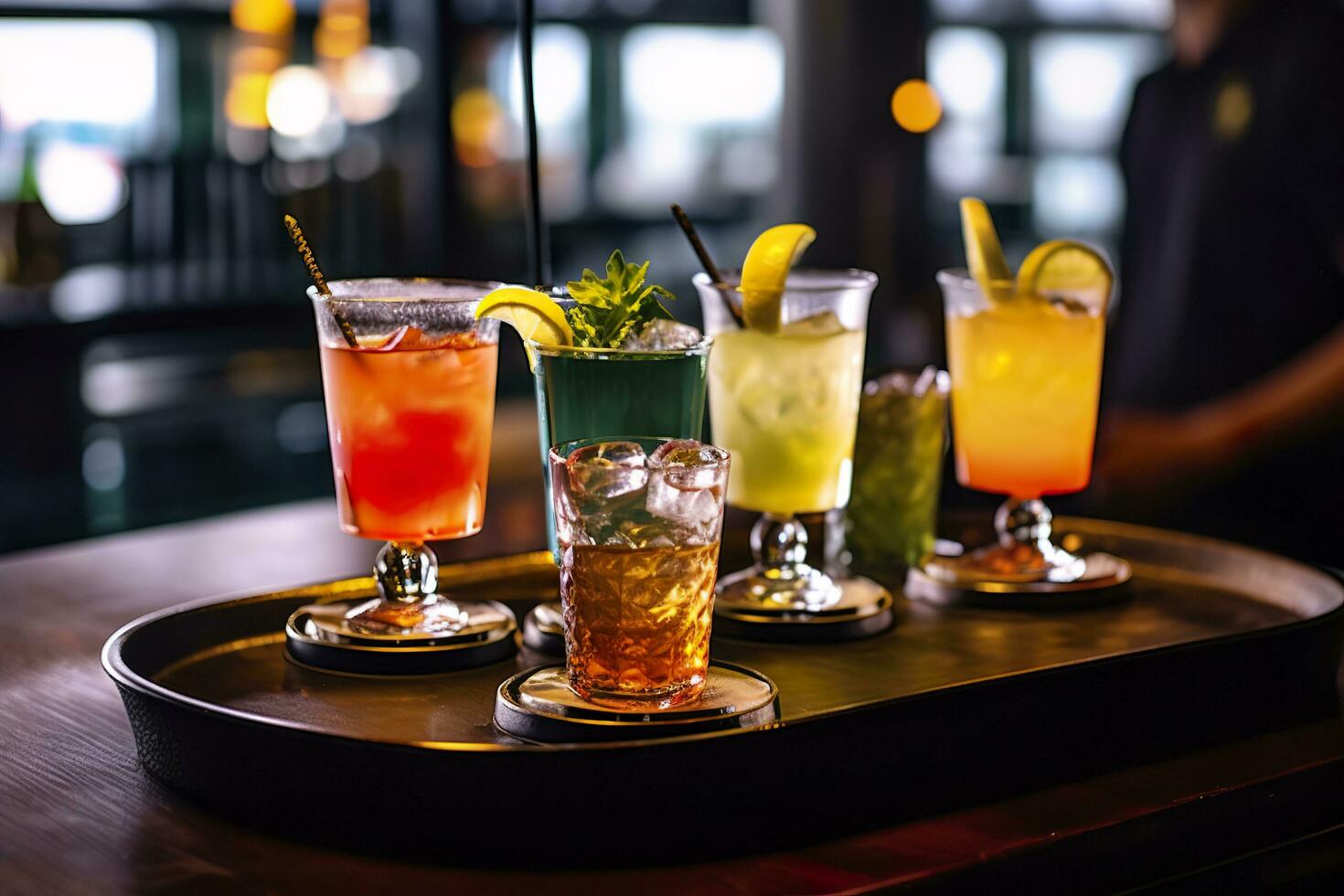 AI generated Glasses alcohol cocktail set on a waiter tray in bar. AI Generated photo
