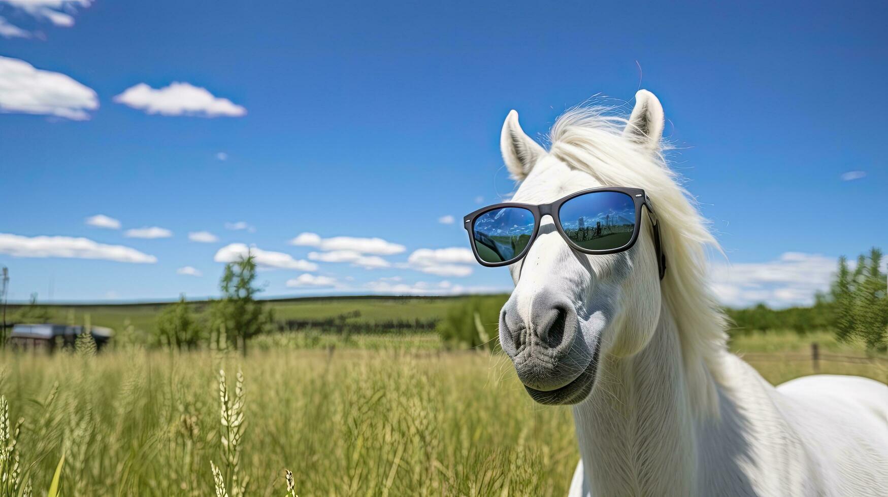 ai generado gracioso caballo en Gafas de sol en contra un natural antecedentes foto