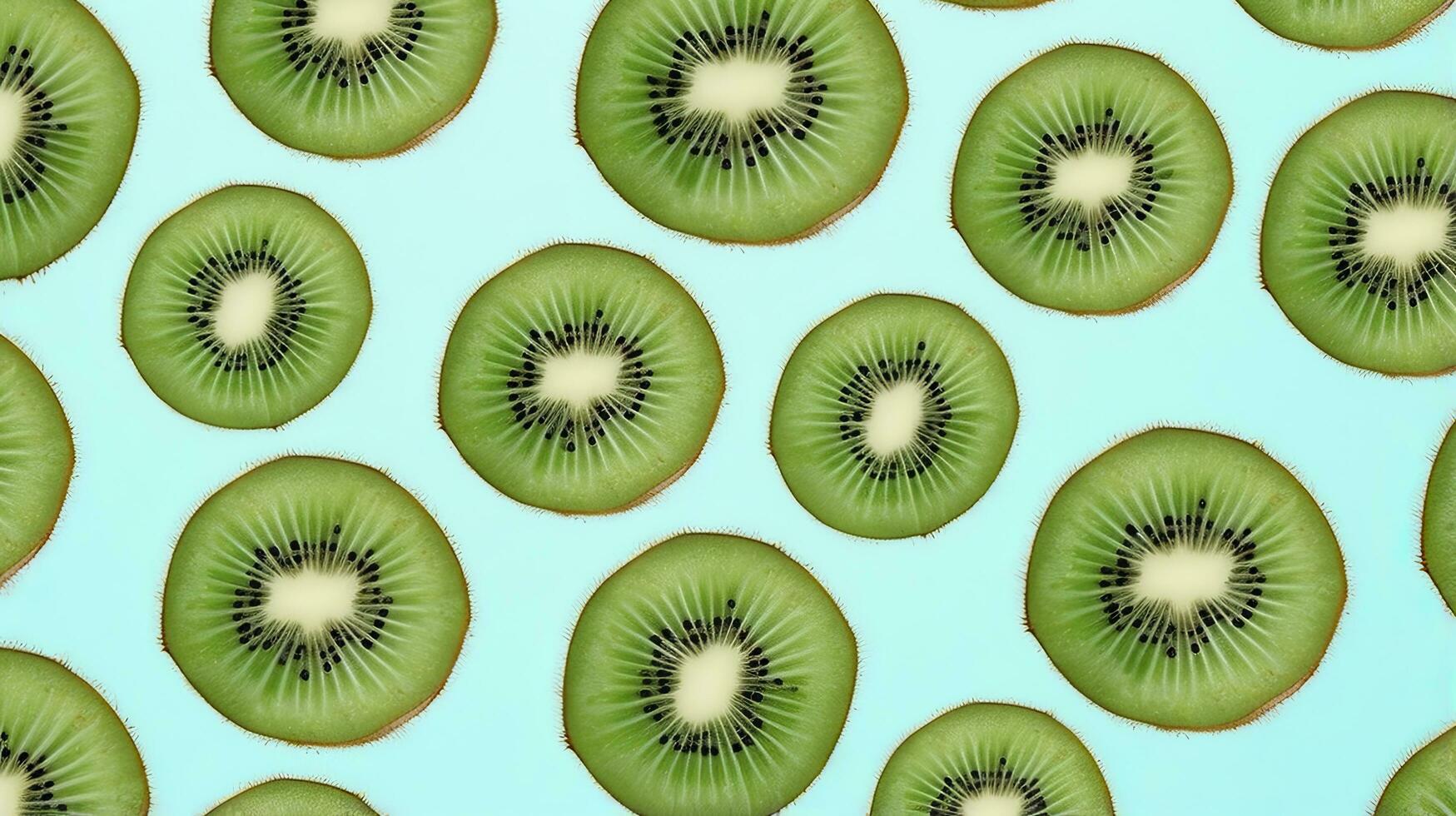 AI generated Slices of kiwi fruit and green mint leaves on a light pastel blue background. AI Generated photo