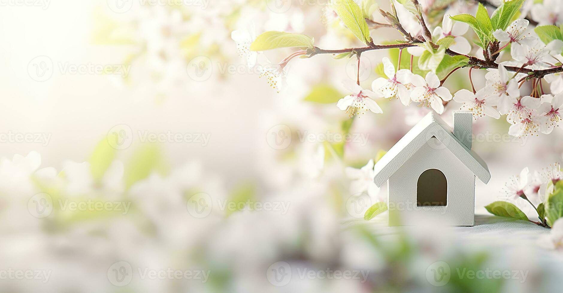 AI generated Toy house and cherry flowers, spring abstract natural background. Generative AI photo