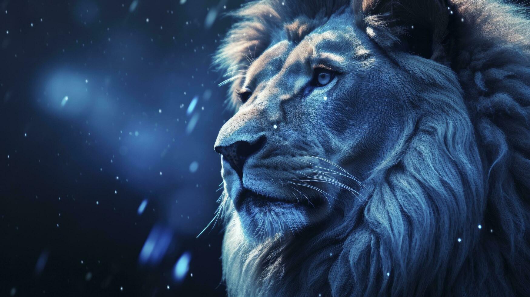 AI generated Close Up Capture of a Lion King in Dark Romantic Style, Featuring Blue Iridescent Tones, Glitter, and Bokeh Effects. photo