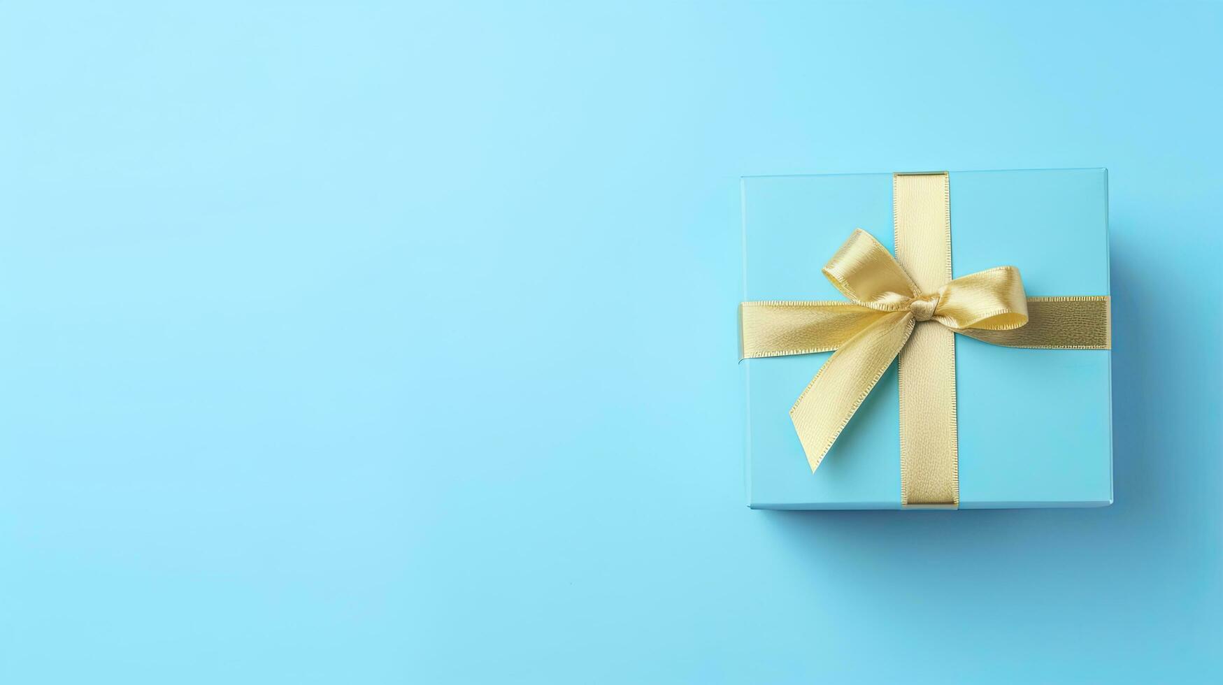 AI generated Gift box in wrapping paper and ribbon on turquoise blue background, copy space top. Beautiful Christmas, New Year or Birthday present. photo