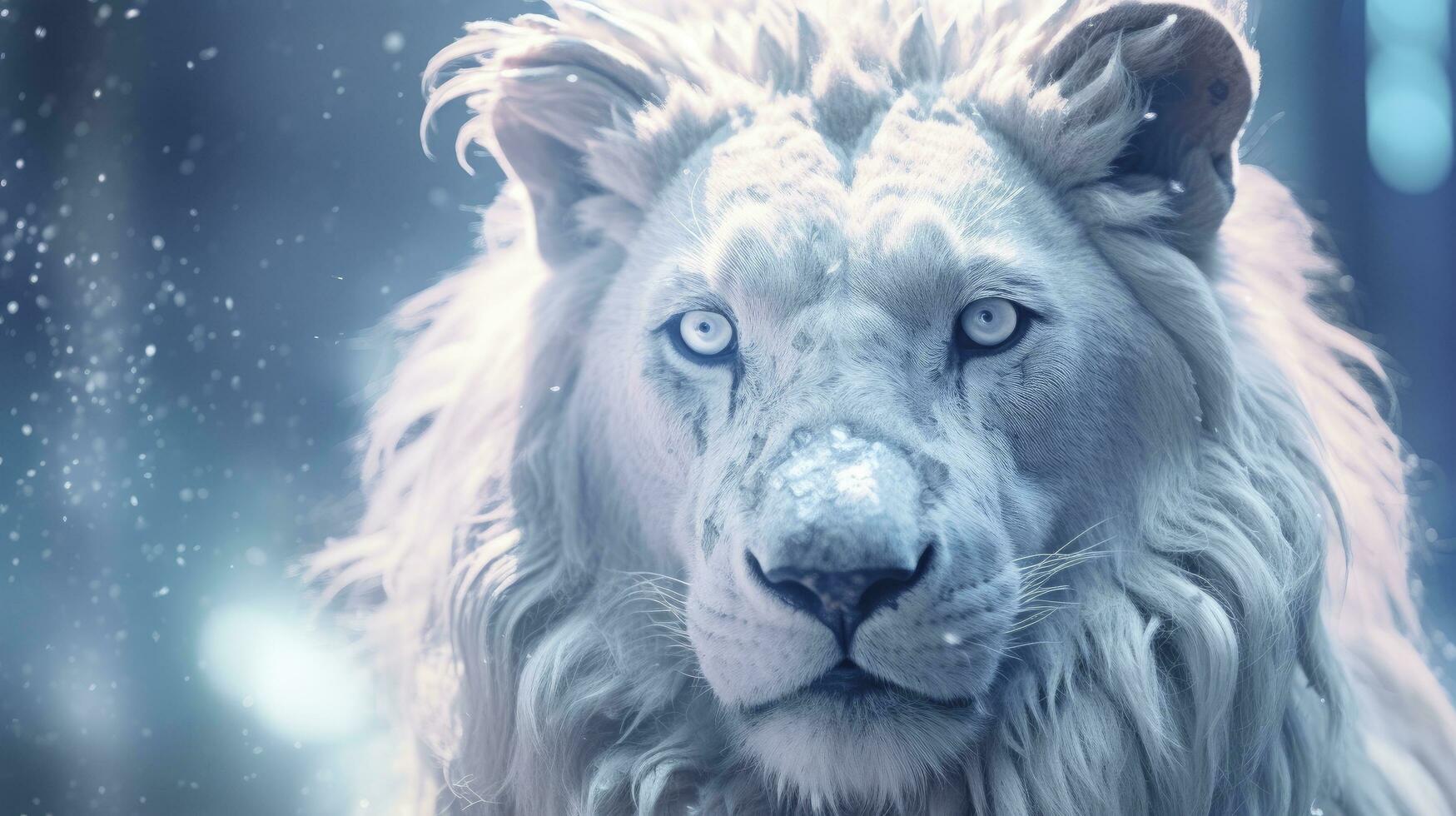 AI generated A White Lion Captured in Blue Iridescent Hues, Dark Romantic Style, Close-Up Shots, Featuring Glitter, Bokeh, and a Clean, Minimalist Aesthetic. photo