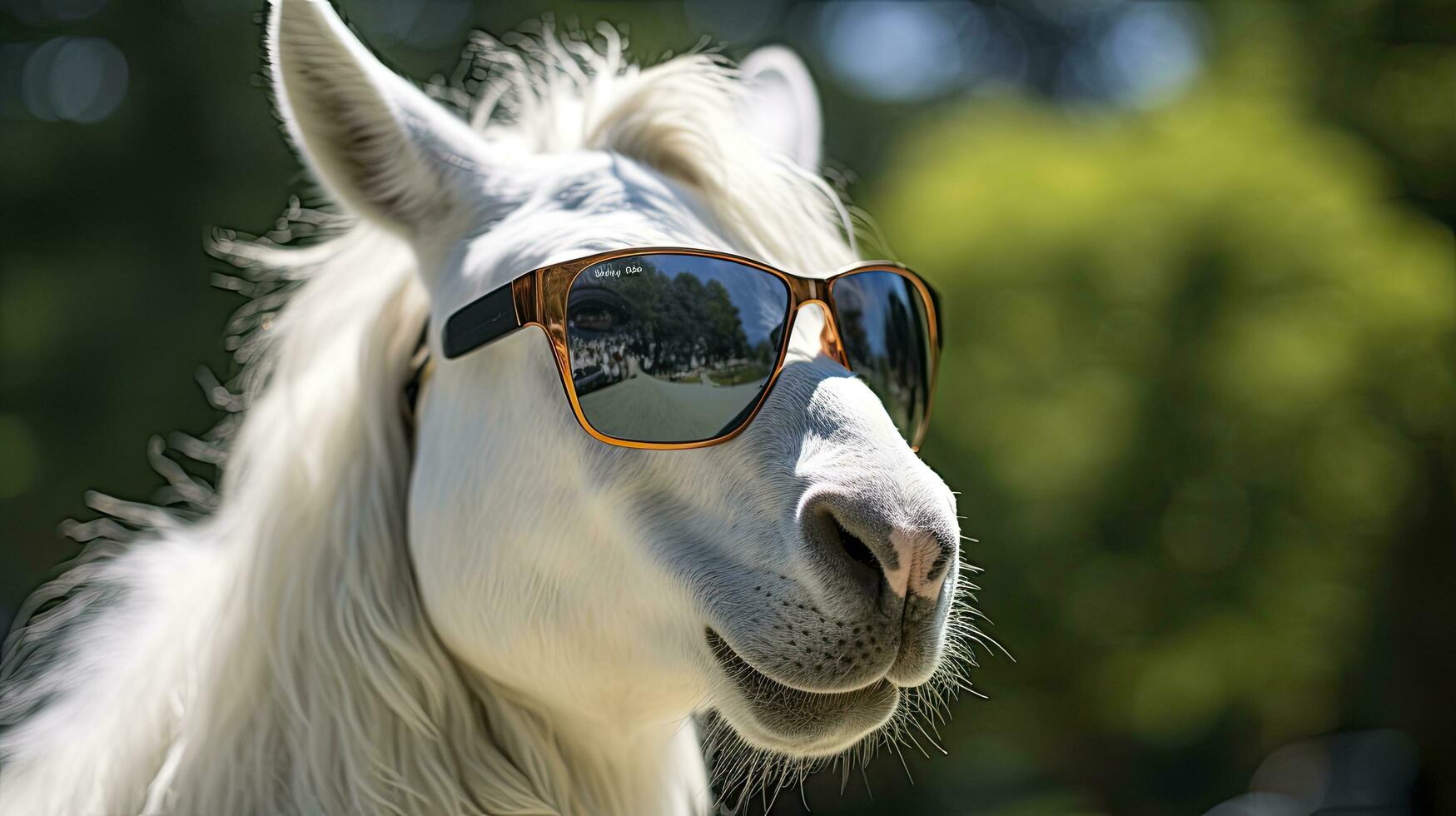 ai generado gracioso caballo en Gafas de sol en contra un natural antecedentes foto