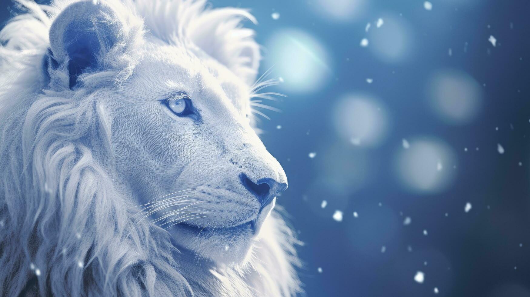 AI generated A White Lion Captured in Blue Iridescent Hues, Dark Romantic Style, Close-Up Shots, Featuring Glitter, Bokeh, and a Clean, Minimalist Aesthetic. photo