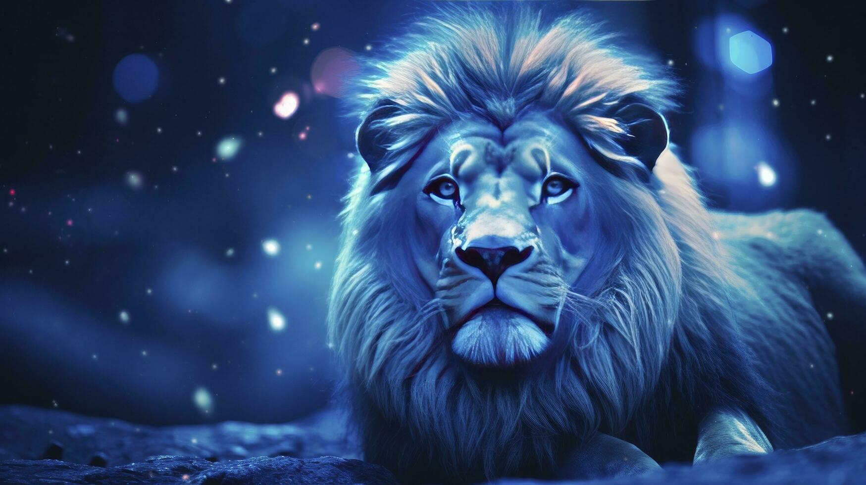 AI generated Close Up Capture of a Lion King in Dark Romantic Style, Featuring Blue Iridescent Tones, Glitter, and Bokeh Effects. photo