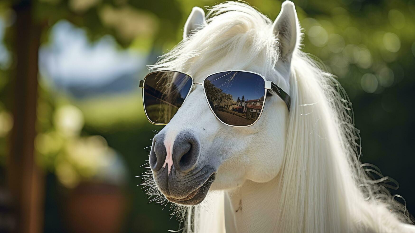 ai generado gracioso caballo en Gafas de sol foto