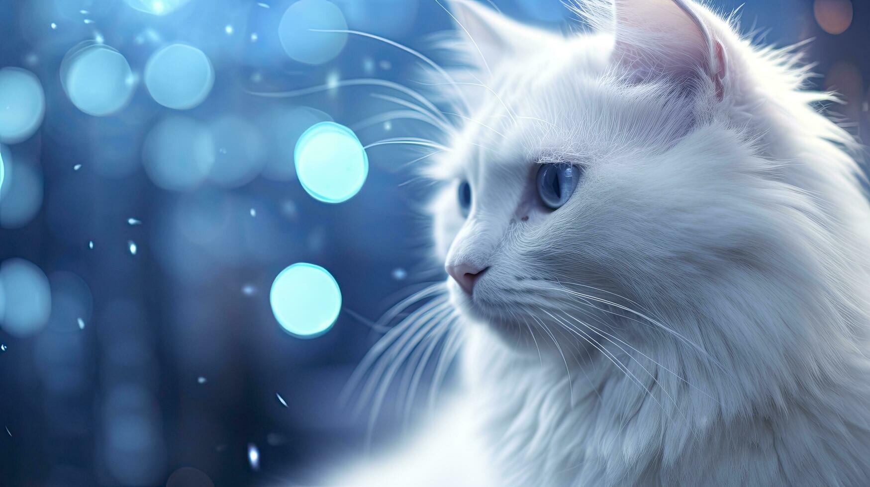 AI generated A cute fluffy cat with bright blue eyes staring outside bokeh background photo