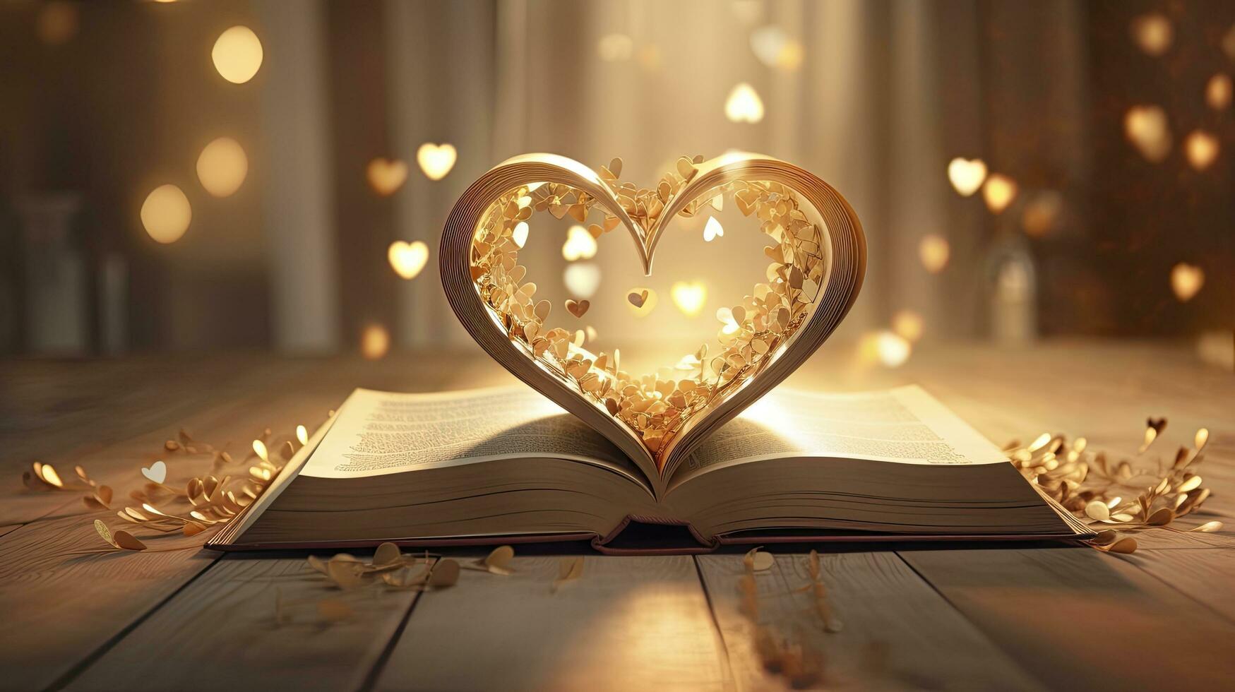 AI generated Book with love symbol on golden background photo