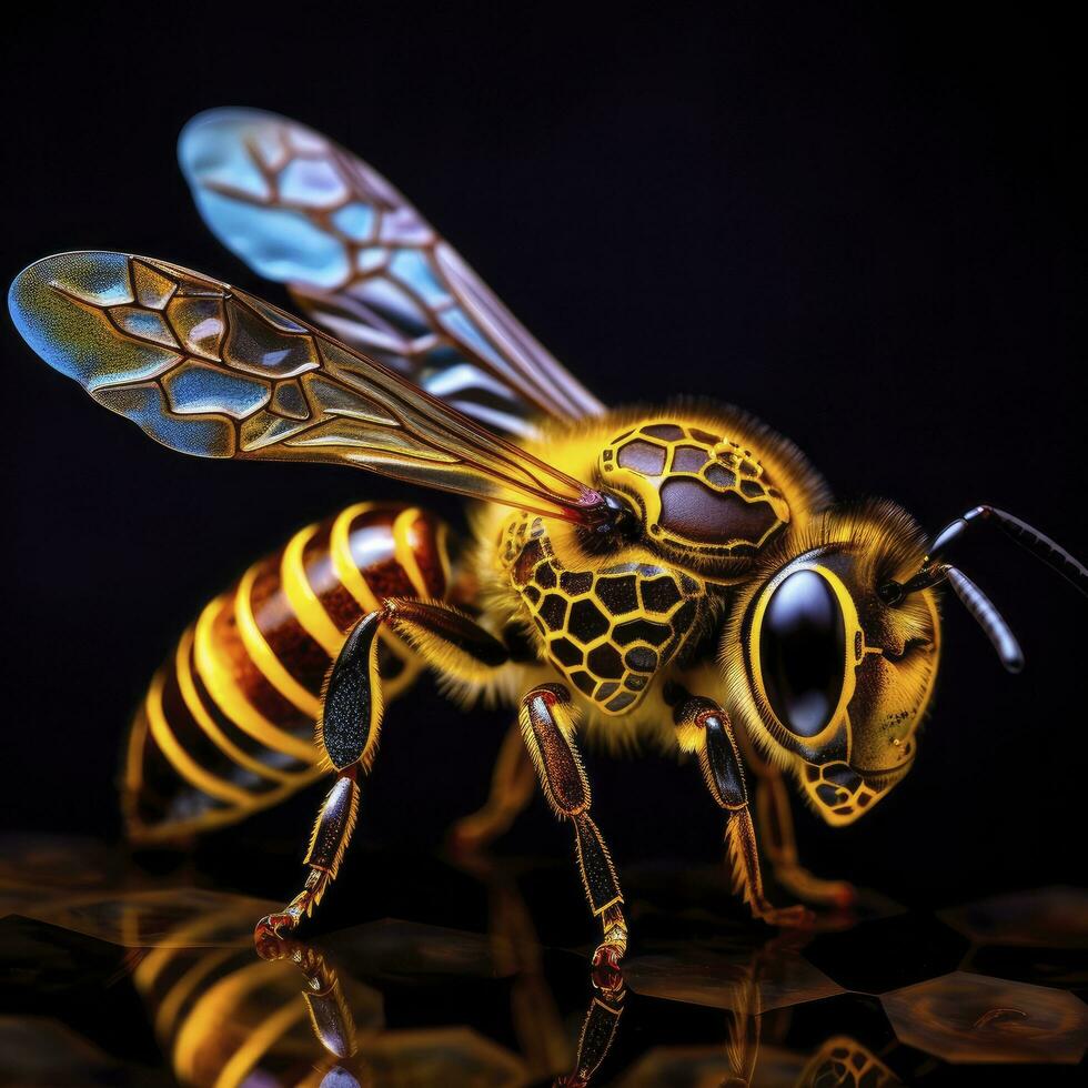 AI generated Nature's Harmony Close-up of a Bee Gracefully Resting on a Honeycomb. photo