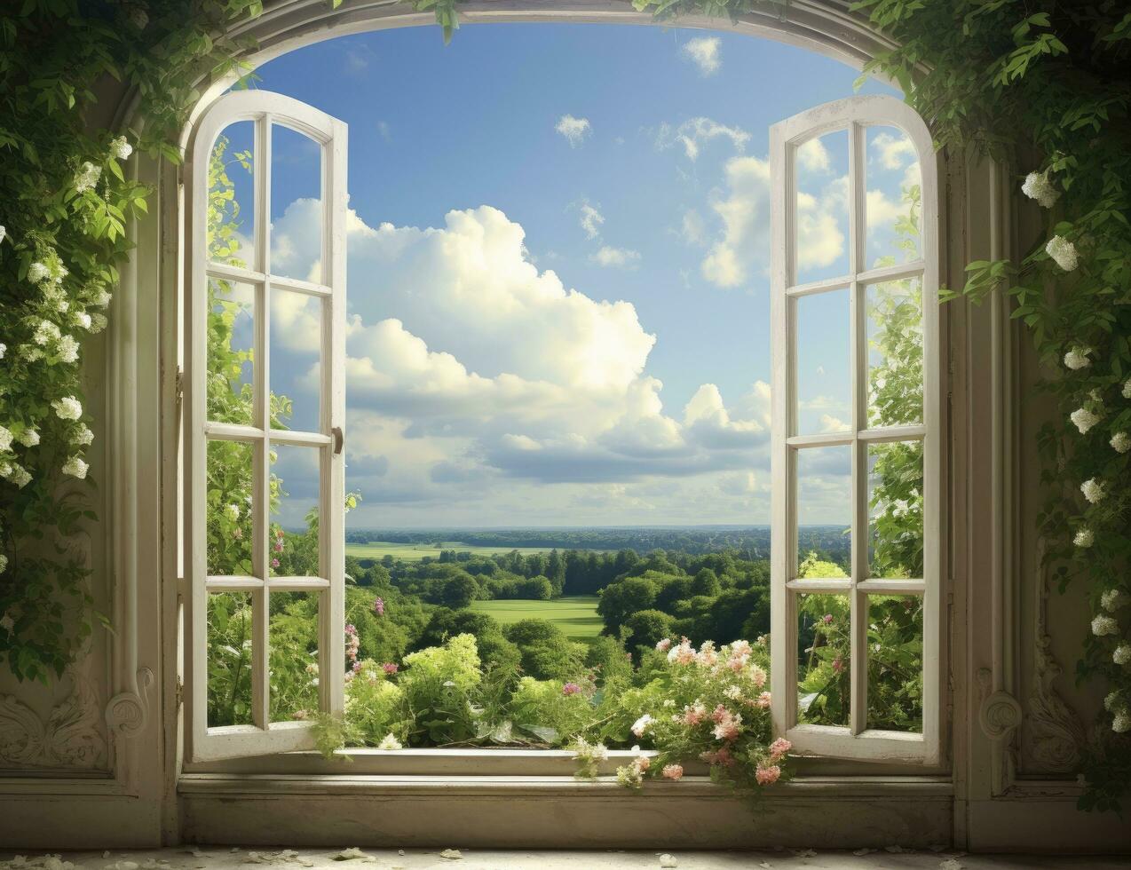 AI generated Embracing Nature Panoramic View of a Rural Summer Field Through an Opened Window, Bringing the Beauty of the Outdoors Inside. photo